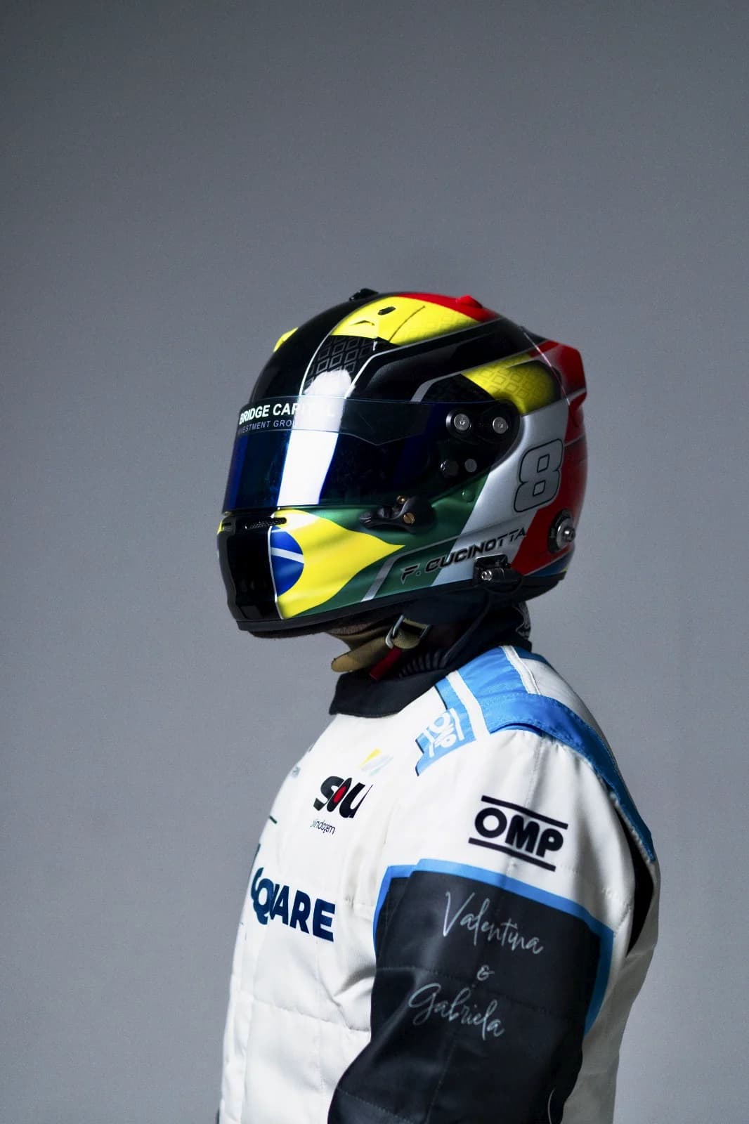 Francesco Cucinotta in Csquare Racing race suit and helmet, in profile